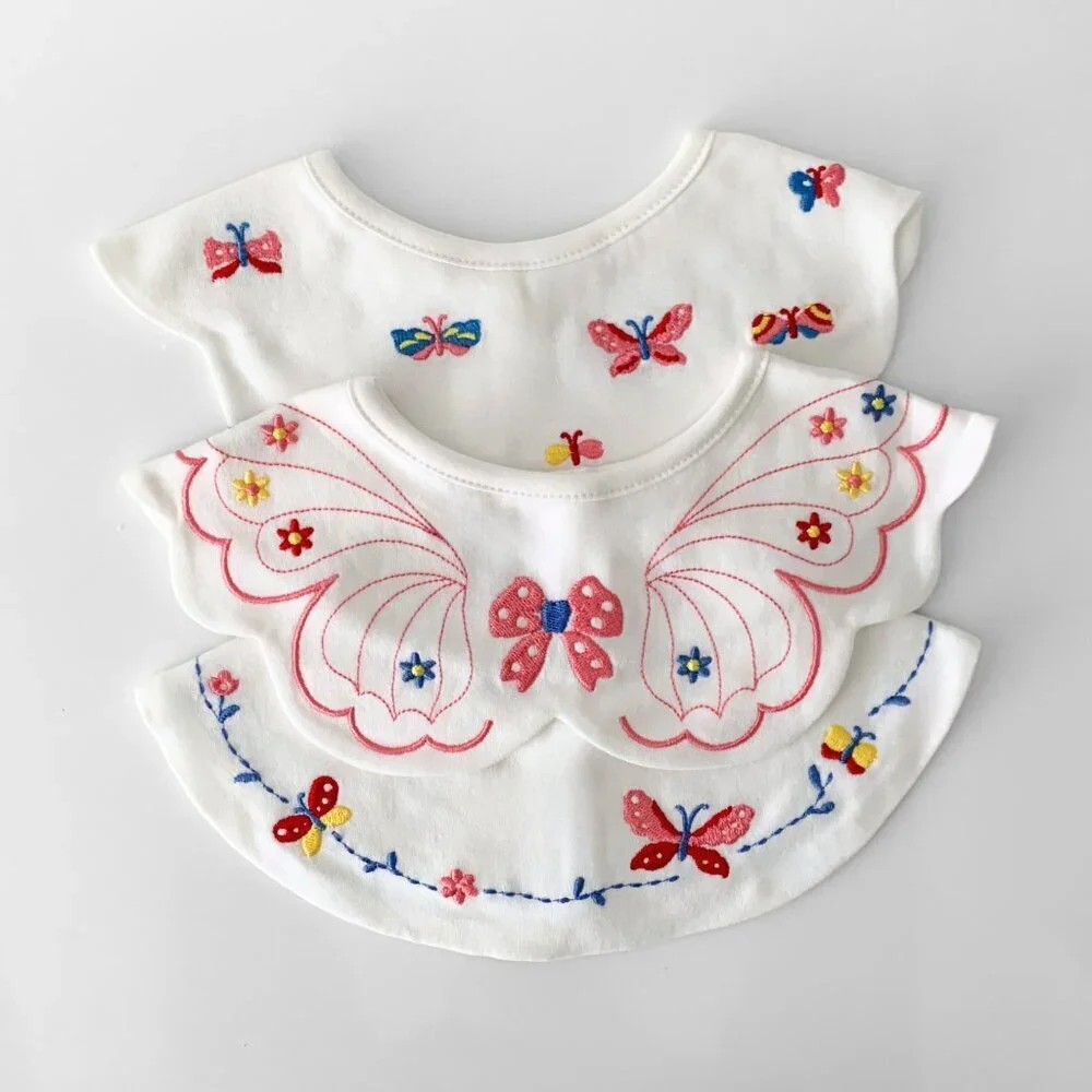 NWT Pretty Boutique Baby Girls Bibs Scalloped Edge Butterfly Embroidery Set of 3